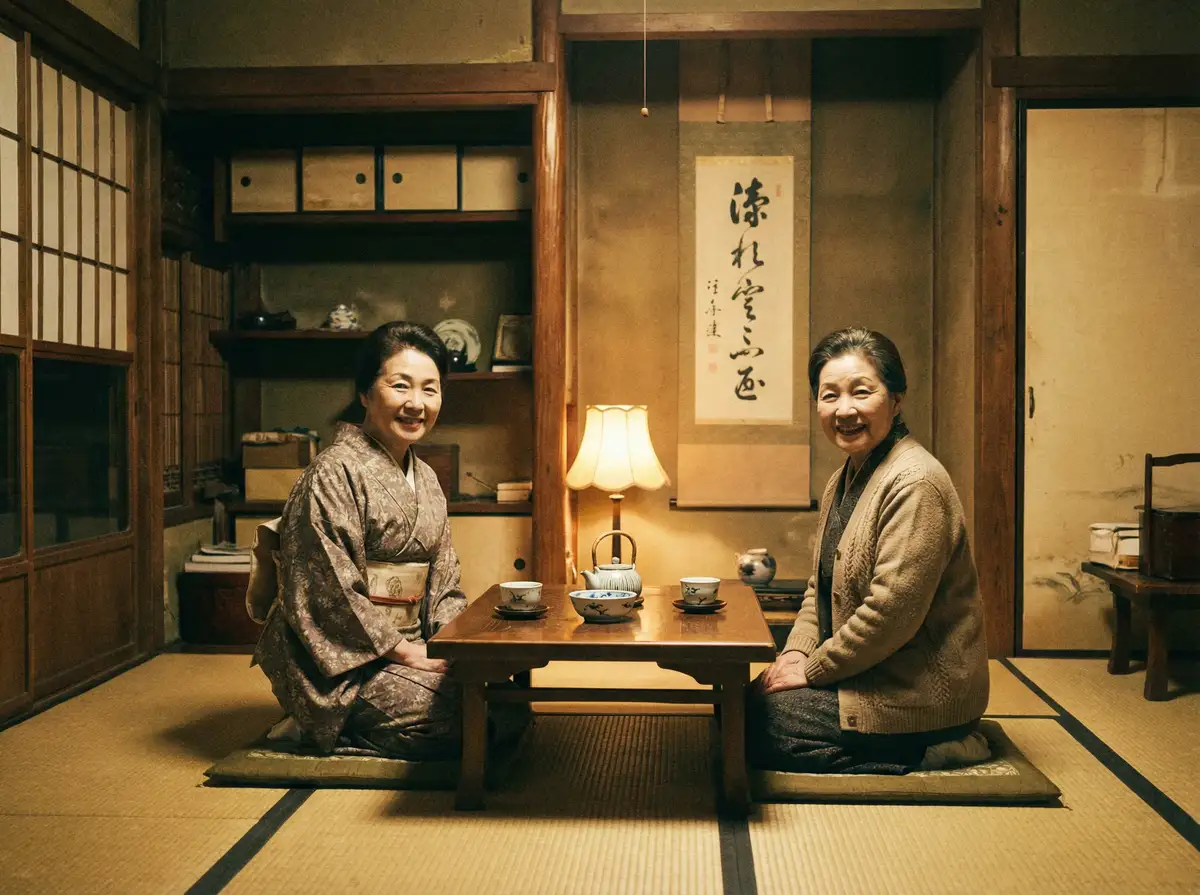 两位优雅的 杏彩体育 在日式茶室中品茶交谈